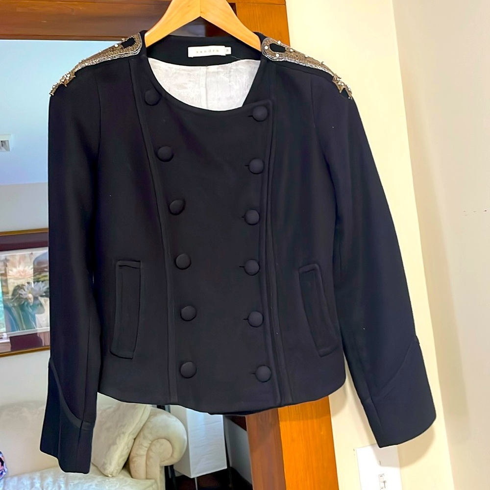 Sandro Black Double-Breasted Blazer with Embellished Shoulders